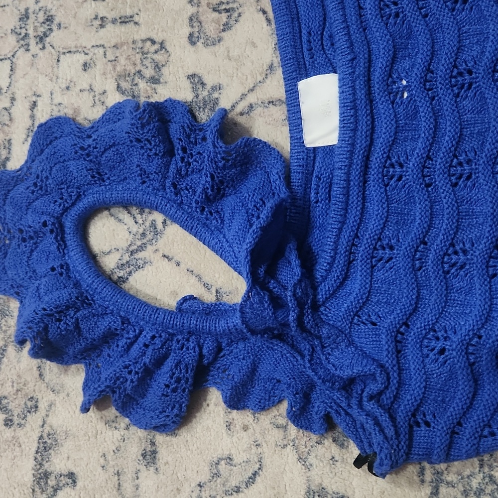 Fairy Crocheted Dainty Coquette Coastal Blue Crop Top‎ Ruffle Straps Size Medium - Picture 4 of 6